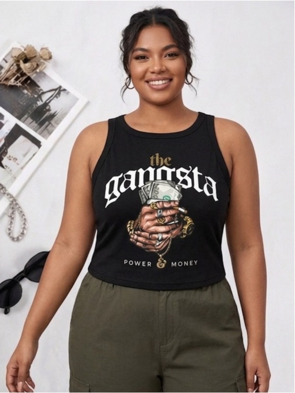 The Gangsta Black XL "Power & Money" Graphic Crop Tank Top – Streetwear Style